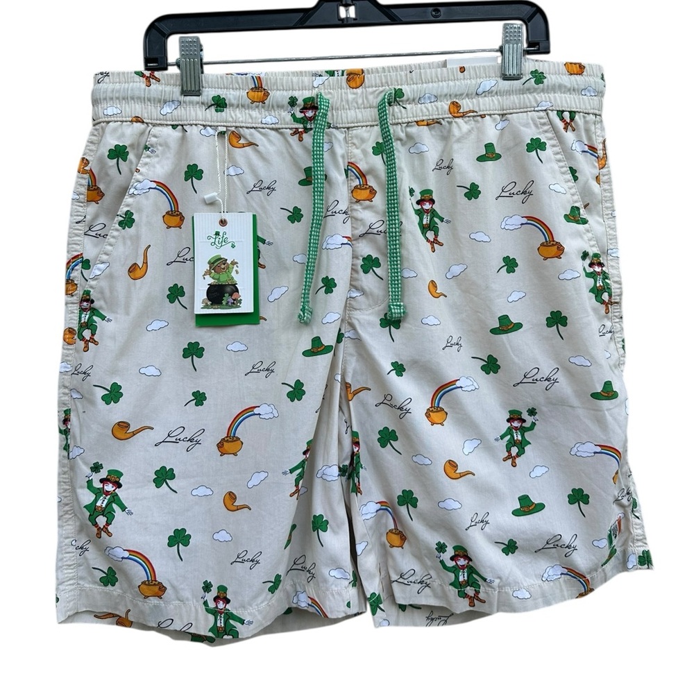 Denim & Flower Singh Leprechaun Cream Patterned Drawstring Athletic Shorts